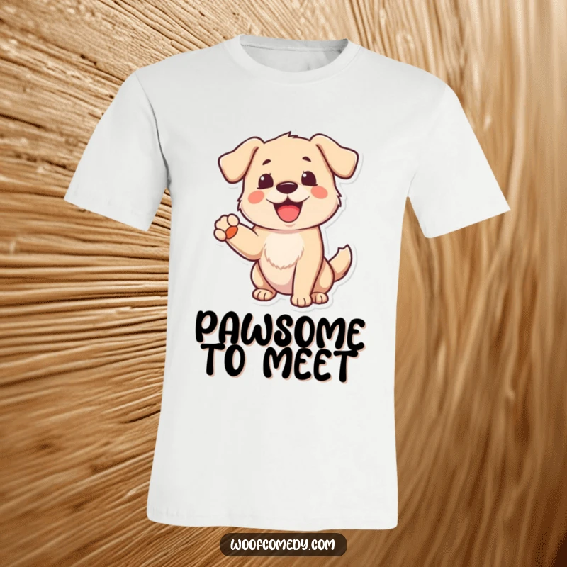 Funny Dog T-Shirt: A cheerful dog happily barking with a raised paw, offering a friendly and humorous greeting.