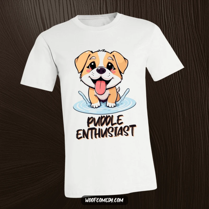 Funny dog panting, tongue lolling, happily splashing in a puddle, fun graphic tee, funny gift.