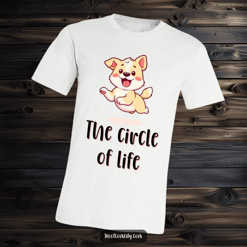 Funny Kawaii Dog T-Shirt: A happy dog in a perpetual spin, chasing its tail with relentless, infectious energy.
