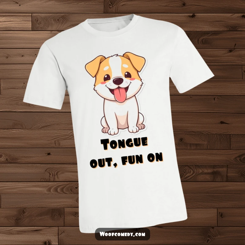 Funny dog t-shirt depicting a cheerful dog panting happily with its tongue lolling out, radiating pure joy.