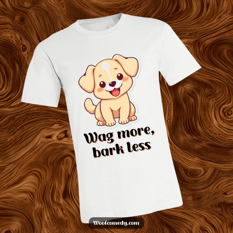 Funny Kawaii dog t-shirt with a cute dog flaunting floppy ears and an exuberantly wagging tail, conveying immense happiness and playful energy.