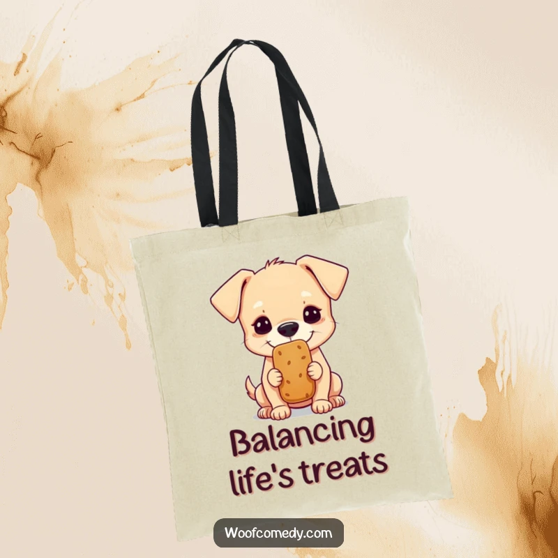 Funny tote bag showcasing a small dog intently balancing a treat on its nose, a stylish funny gift.