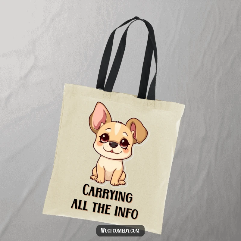 Funny floppy ear dog tote bag with a pup tilting its head curiously, showcasing oversized ears and charm.
