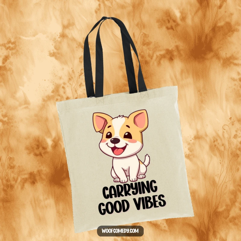 Funny dog wagging tail tote bag featuring an ecstatic dog, tail a blur of motion, symbolizing boundless energy and happy greetings.