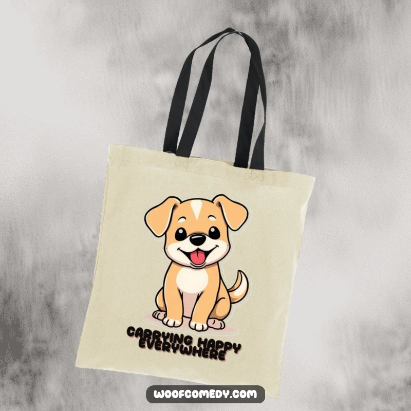 Funny tote bag featuring a cute dog with floppy ears and a constantly wagging tail, perfect for carrying essentials with joy.