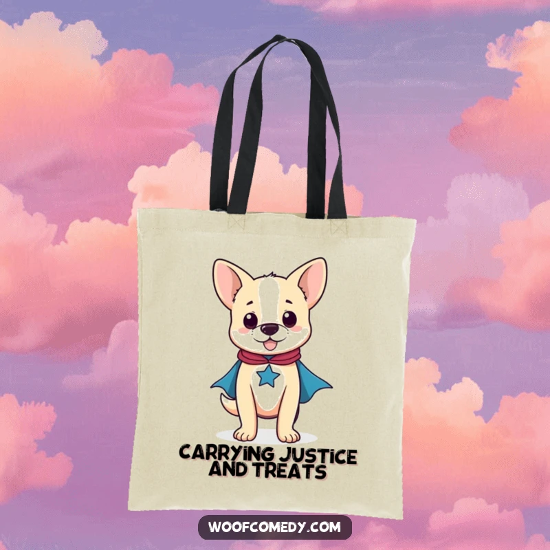 Funny tote bag showcasing a proud dog ready for adventure, wearing a bright red superhero cape.
