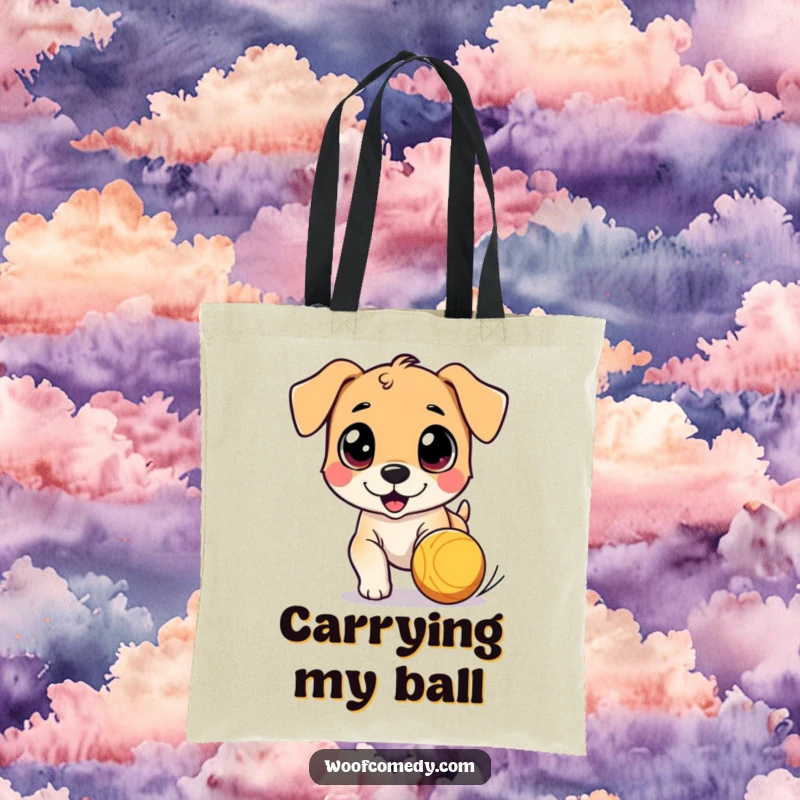 Funny tote bag featuring a cute dog character with wide eyes, chasing a bouncing ball, perfect for carrying items with playful joy.