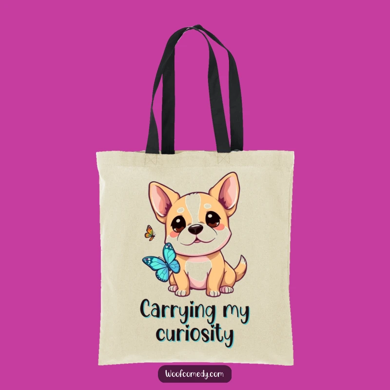 Funny Kawaii Dog Tote Bag - Curious Butterfly Watch, Nature's Charm