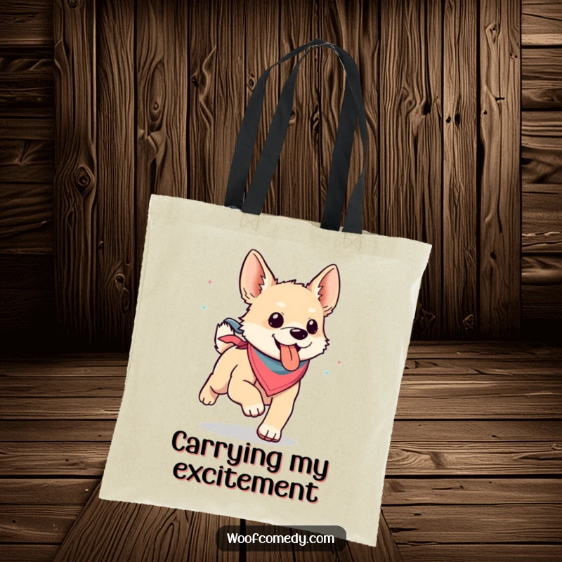 Funny kawaii dog in a bandana, humorously running with its tongue lolling out on a durable tote bag.