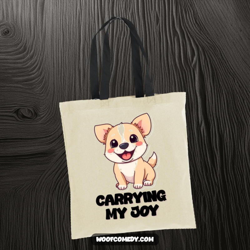 Funny tote bag showcasing a dog with a furiously wagging tail and eager expression, full of excitement.