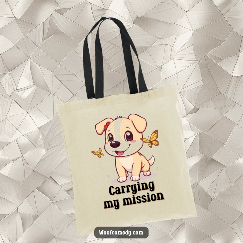 Funny dog tote bag showing an excited dog chasing a fluttering butterfly with wide, playful, and enthusiastic eyes.