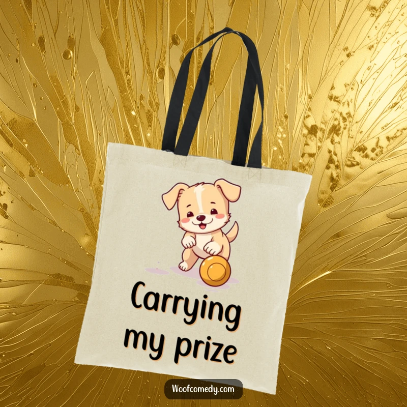 Funny tote bag featuring a small dog with a wagging tail chasing a bouncing ball, bringing playful charm and utility.