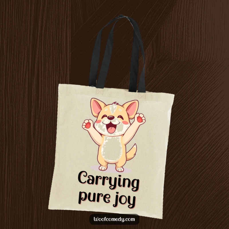Funny tote bag showing an excited dog doing a happy dance with its paws up, a cheerful funny gift.