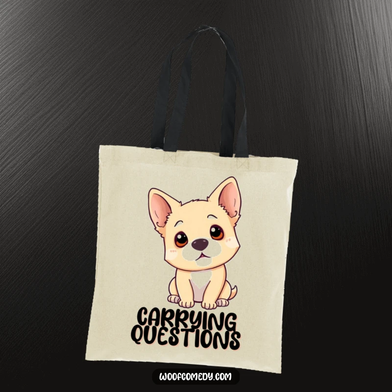 Funny dog head tilt tote bag featuring a dog tilting its head with ears perked, embodying curiosity and ready for thoughtful adventures.
