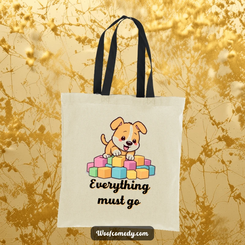 Funny energetic dog digging in colorful blocks, durable tote bag, playful accessory, funny gift.
