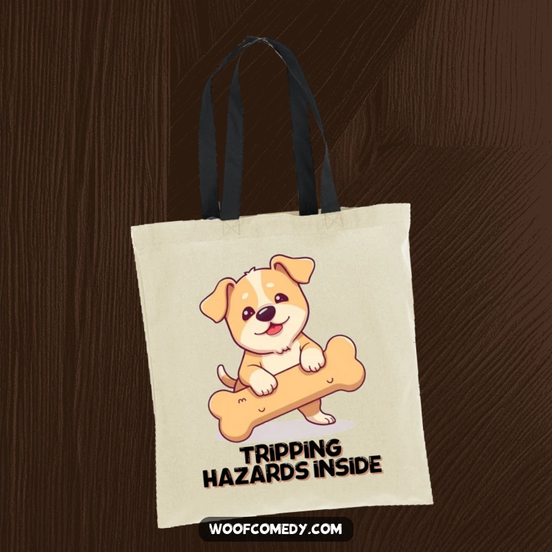 Funny tote bag showcasing a clumsy dog with floppy ears hilariously tripping over a large bone.