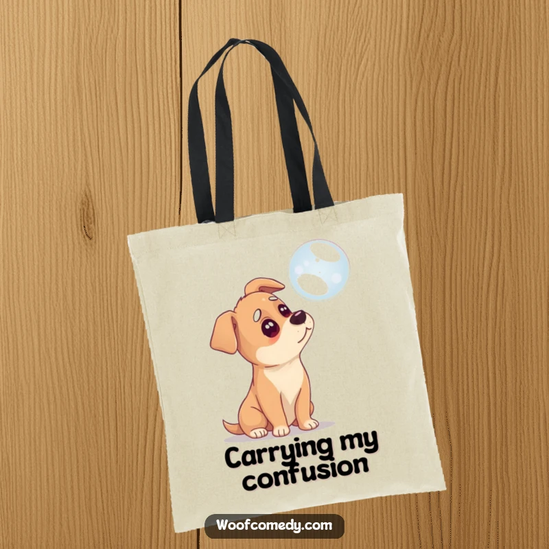 Funny tote bag showcasing a dog tilting its head, looking at a floating bubble with utter confusion.