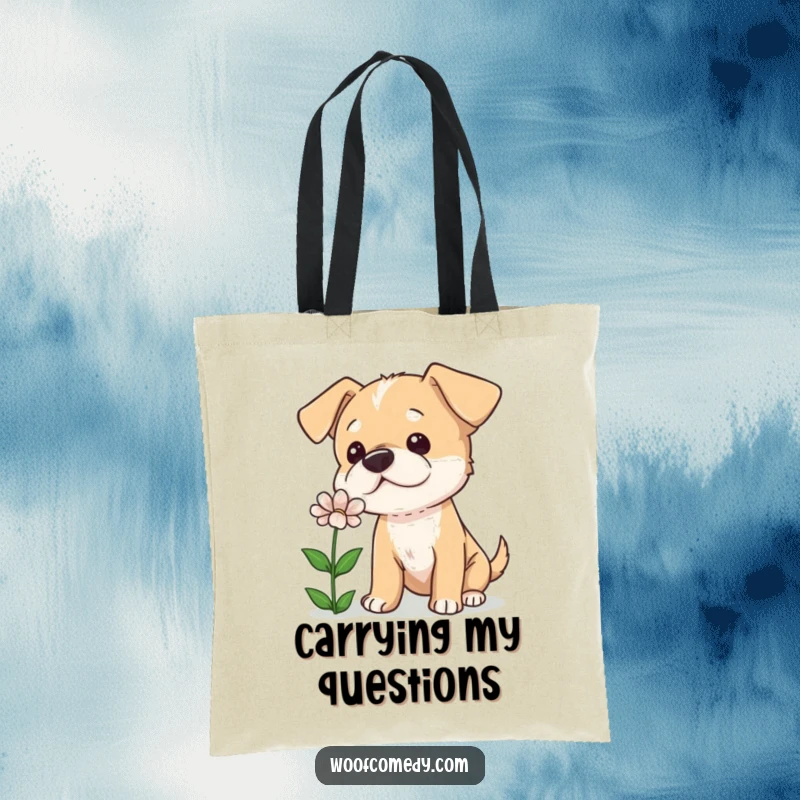 Funny tote bag featuring a curious dog tilting its head, sniffing a flower, symbolizing gentle curiosity and nature's beauty.