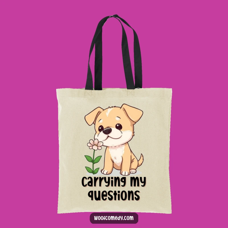 Funny Curious Dog Tilted Head Tote Bag - Adorable Sniffing Flower Bag