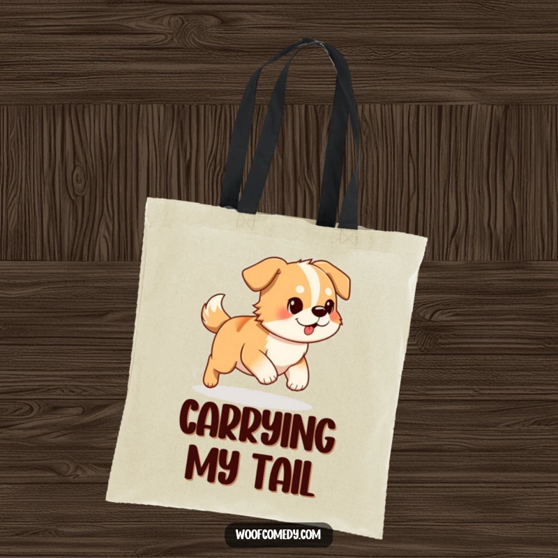 Funny Dog Tote Bag: A determined dog comically spinning in pursuit of its tail, a whimsical and humorous carry-all.