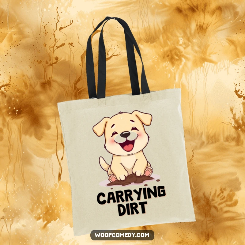 Funny dog digging tote bag featuring a dog with muddy paws enthusiastically digging a hole, perfect for carrying treasures and essentials.