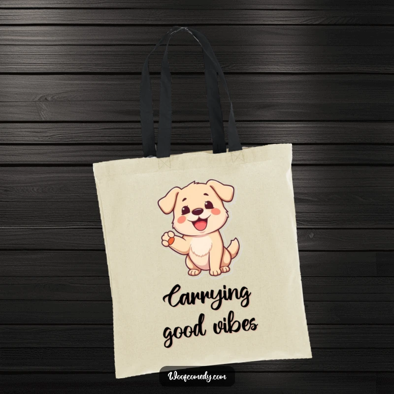 Funny Dog Tote Bag: A cheerful dog barking with a raised paw in greeting, a charming and humorous accessory.