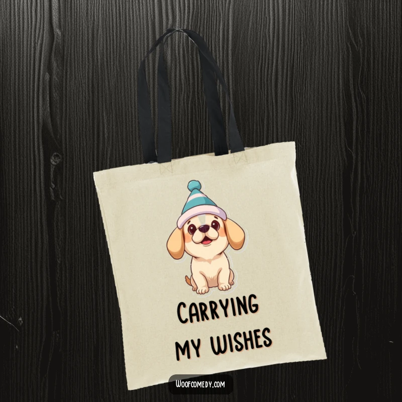 Funny dog tote bag showing a dog wearing a silly hat, looking up with hopeful, expectant, and adorable eyes.