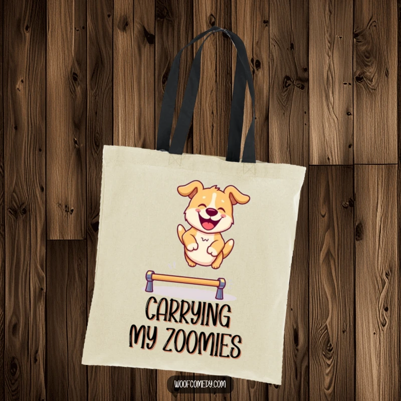 Funny tote bag illustrating a dog ecstatically jumping over a hurdle, perfect for carrying groceries or daily essentials.