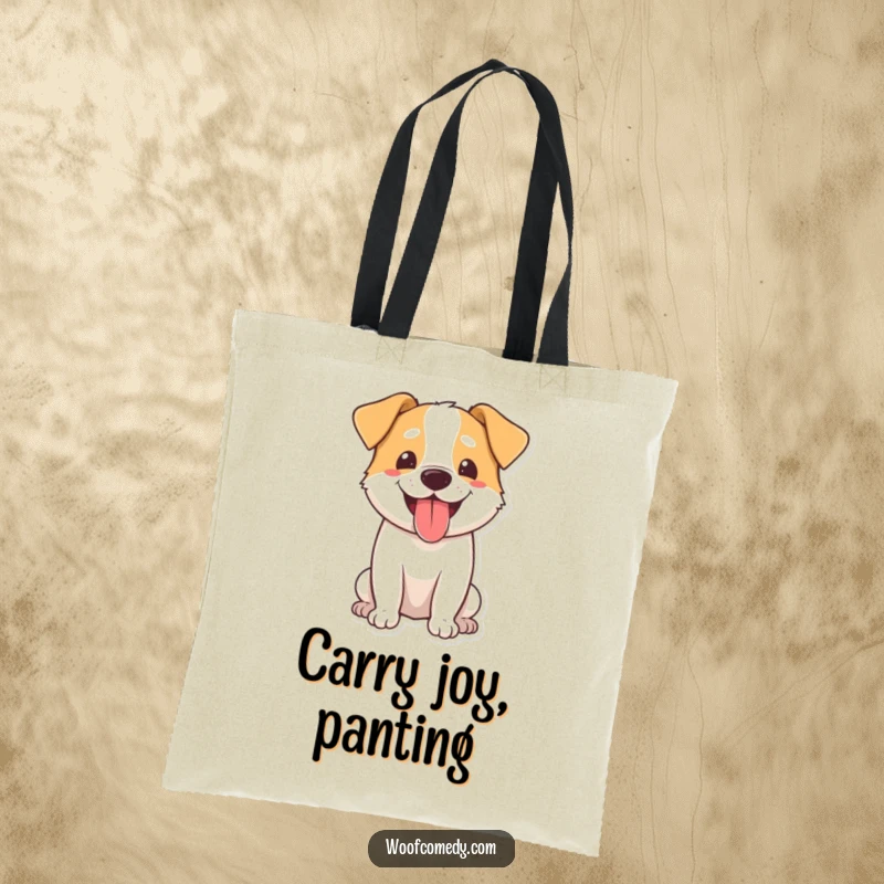 Funny dog tote bag showing a happy dog with its tongue lolling out, panting with pure, unadulterated joy.