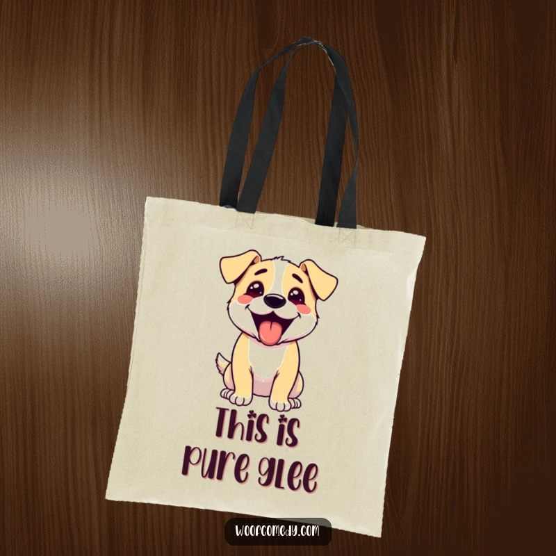 Funny tote bag featuring a gleeful dog panting with its tongue out, a symbol of pure, unbridled happiness.
