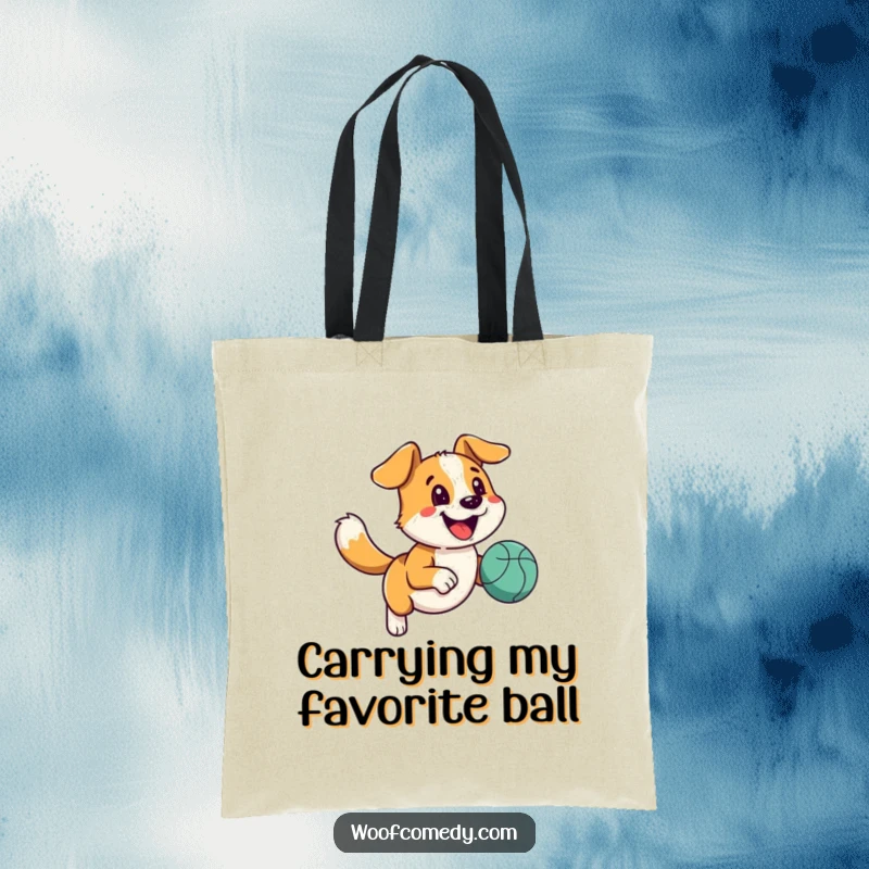 Funny happy dog tote bag with a wagging tail running with a bouncy ball, ideal for carrying fun items.