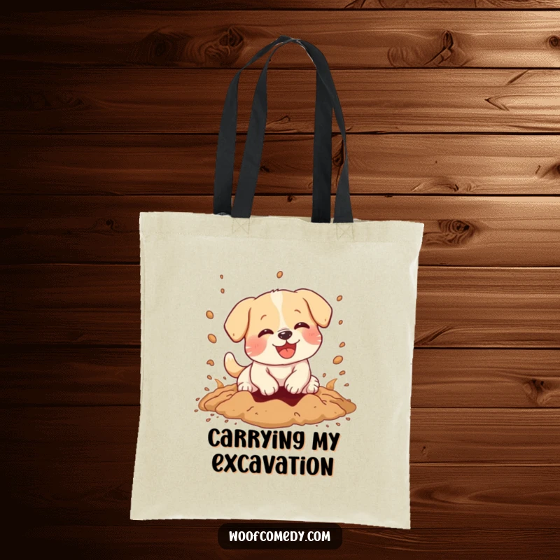 Funny tote bag featuring a kawaii dog joyfully digging with dirt flying, a charming and humorous accessory.