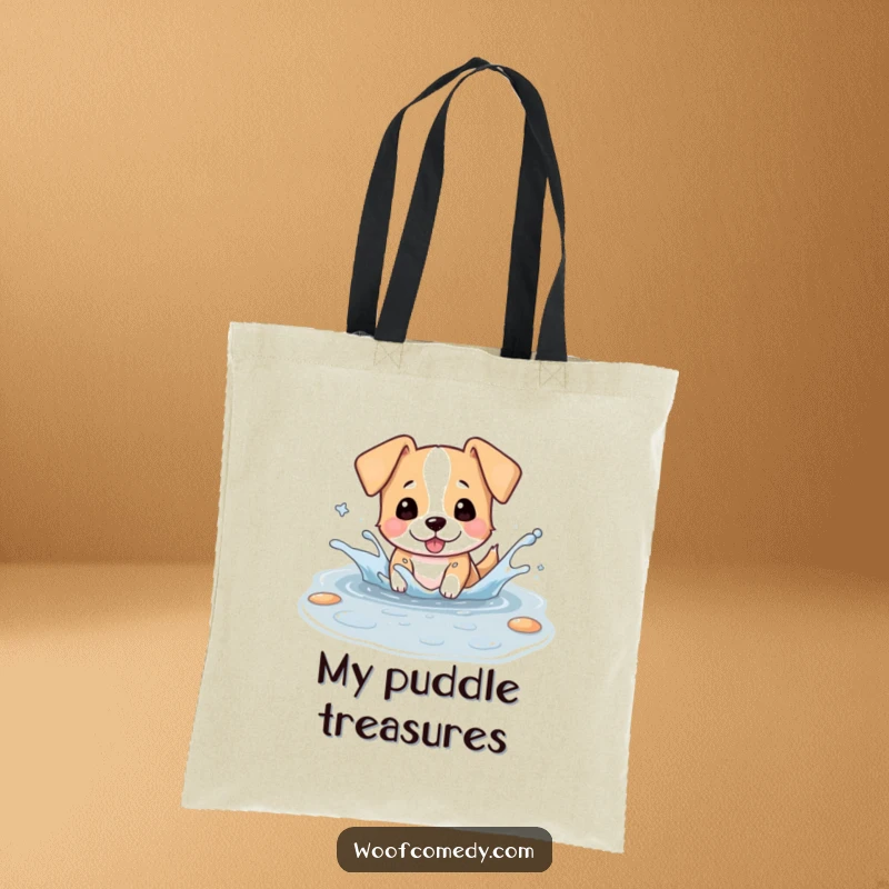 Funny tote bag featuring a kawaii dog playfully splashing in a puddle, ears flapping, a charming and wet accessory.
