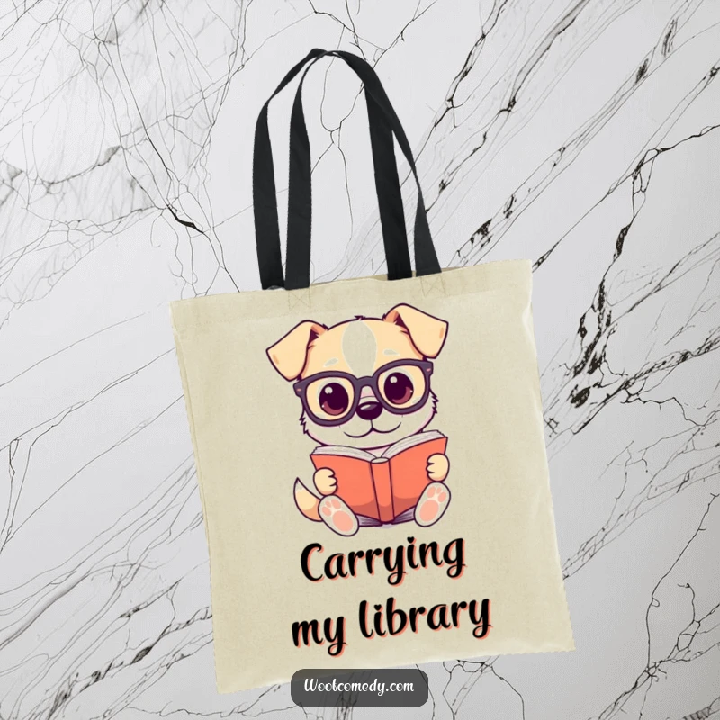 Funny tote bag with a kawaii dog in tiny glasses reading a large book, embracing the joy of learning.