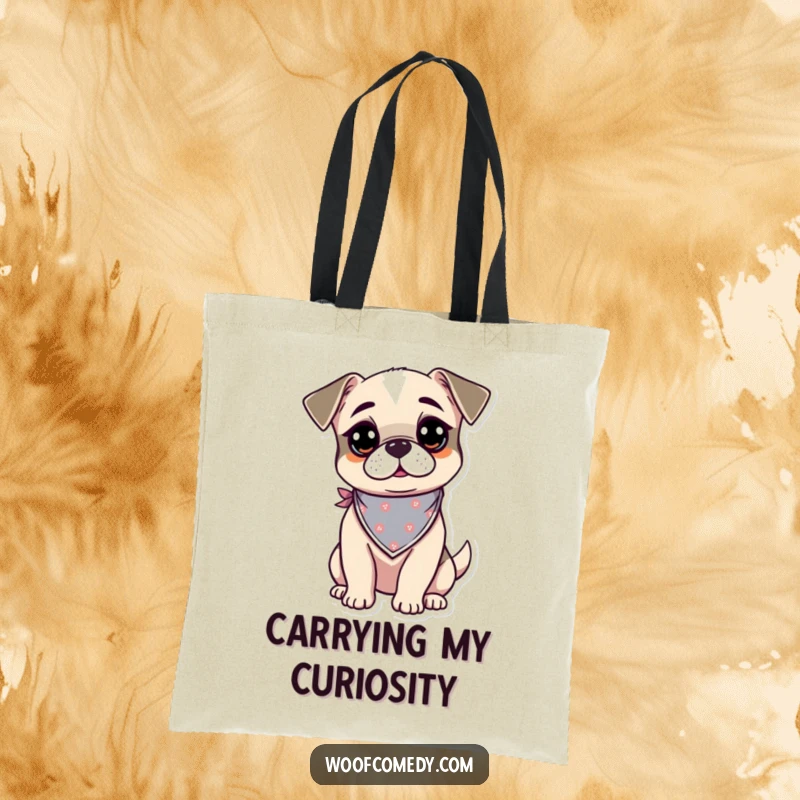 Funny kawaii dog tote bag showcasing a curious and alert pup wearing a tiny bandana, perfect for carrying discoveries.