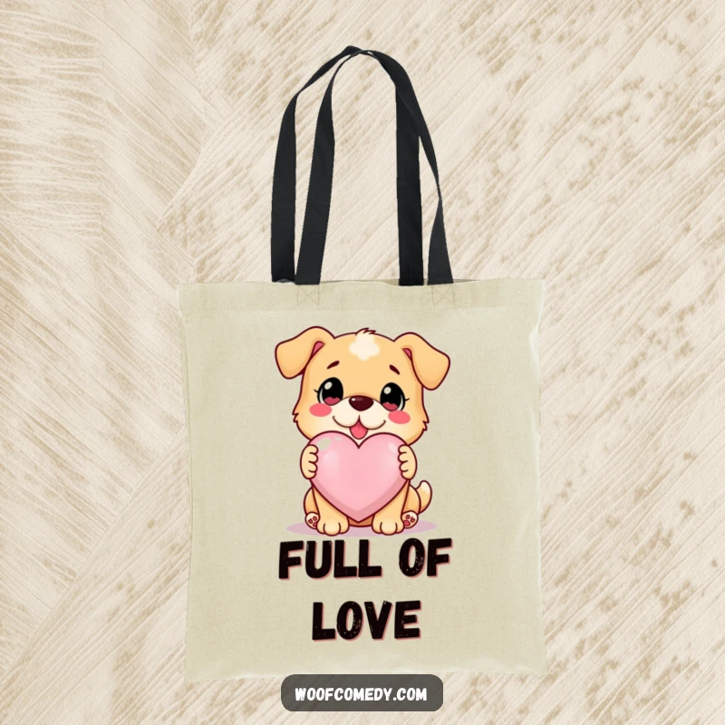 Funny loyal dog offering a glowing heart, durable tote bag, symbol of love, funny gift.