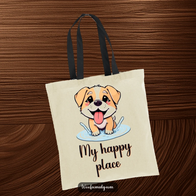 Funny dog panting, splashing in a puddle, durable tote bag, cheerful and fun, funny gift.