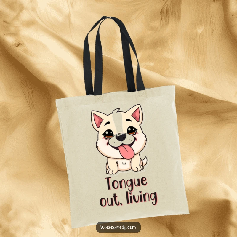 Funny Kawaii dog tote bag showcasing a cute dog with a goofy expression, panting with its tongue out. Perfect for carrying fun with a smile.
