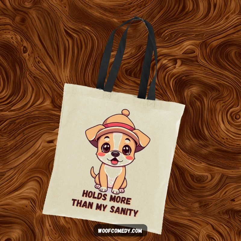 Funny Kawaii Dog Tote Bag: Adorable surprised dog wearing a silly hat, perfect for carrying your goods with a grin.