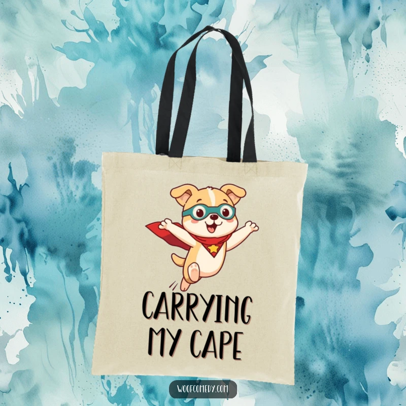 Funny Kawaii dog tote bag with a cute dog in a superhero cape, leaping forward. Durable canvas for everyday use.