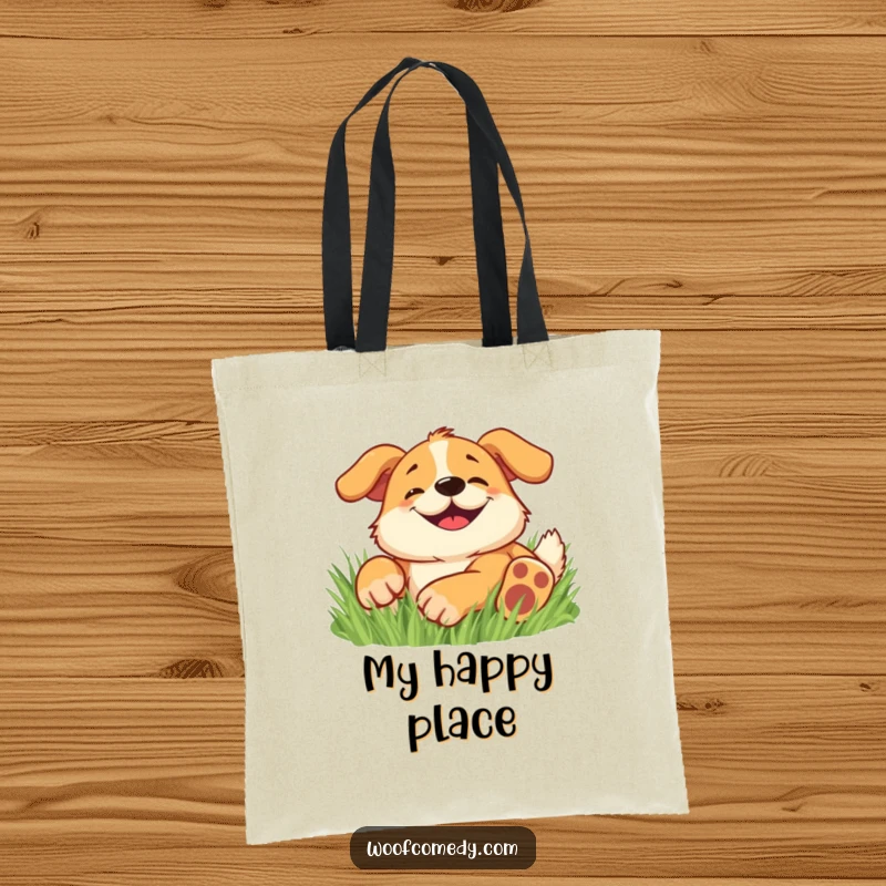Funny tote bag with a happy dog, wide goofy grin, rolling around in soft grass.