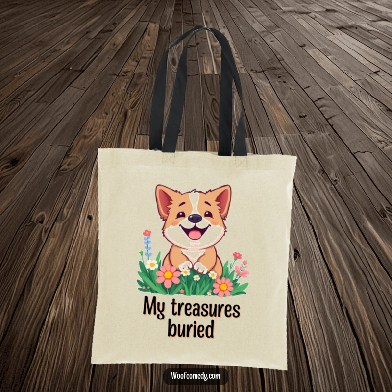 Funny tote bag featuring a smiling dog digging playfully in a flower patch, bringing garden charm and humor.